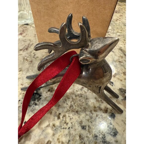 Vtg Pottery Barn Silver-Plated Reindeer Figurine Red Ribbon holiday tree decor - Picture 7 of 9